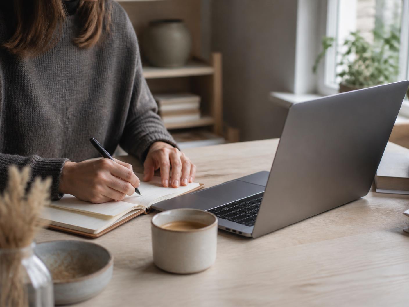 Företagare antecknar vid ett ljust köksbord med laptop och kaffekopp