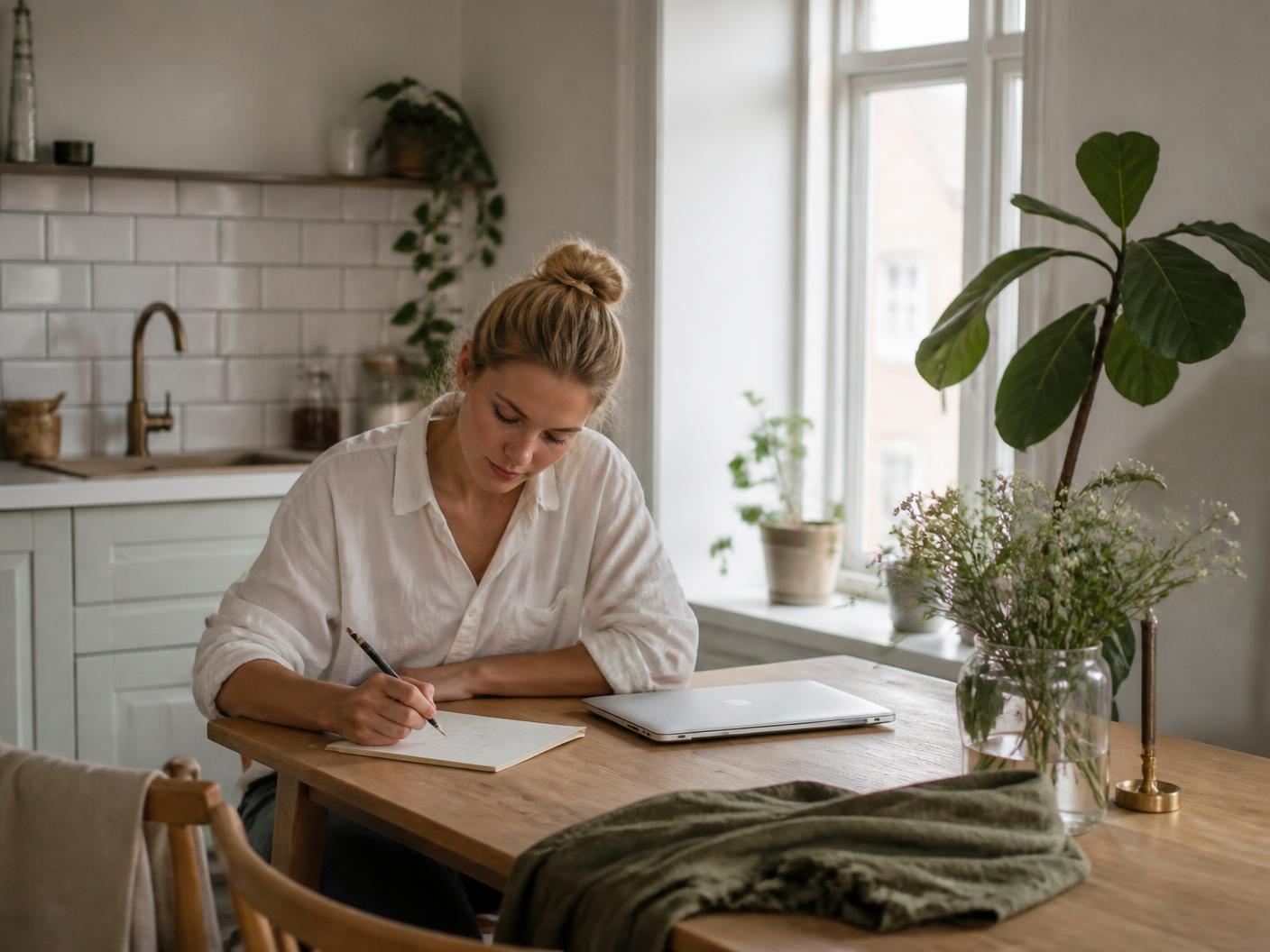 Blivande företagare planerar sin start vid ett köksbord i ett ljust hem
